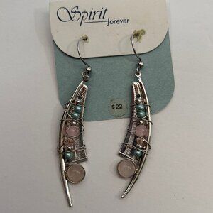 Boho Abstract Drop Earrings - Rose Quartz Beaded Artisan Statement Jewelry